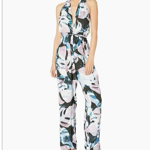 BCBGMAXAZRIA Plunge Halter Tropical Leaf Print Jumpsuit Womens M Multi Boho NWT - Picture 3 of 10